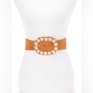 Wide Waist Suede Statement Belt with Gold Studded Oval Buckle